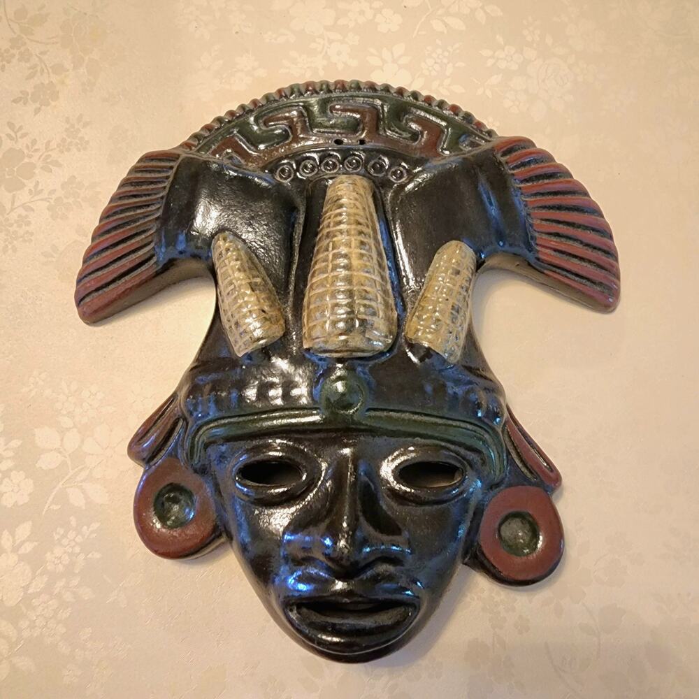 Vintage Mexican Terracotta Aztec Mayan Maize God Warrior Wall Mask